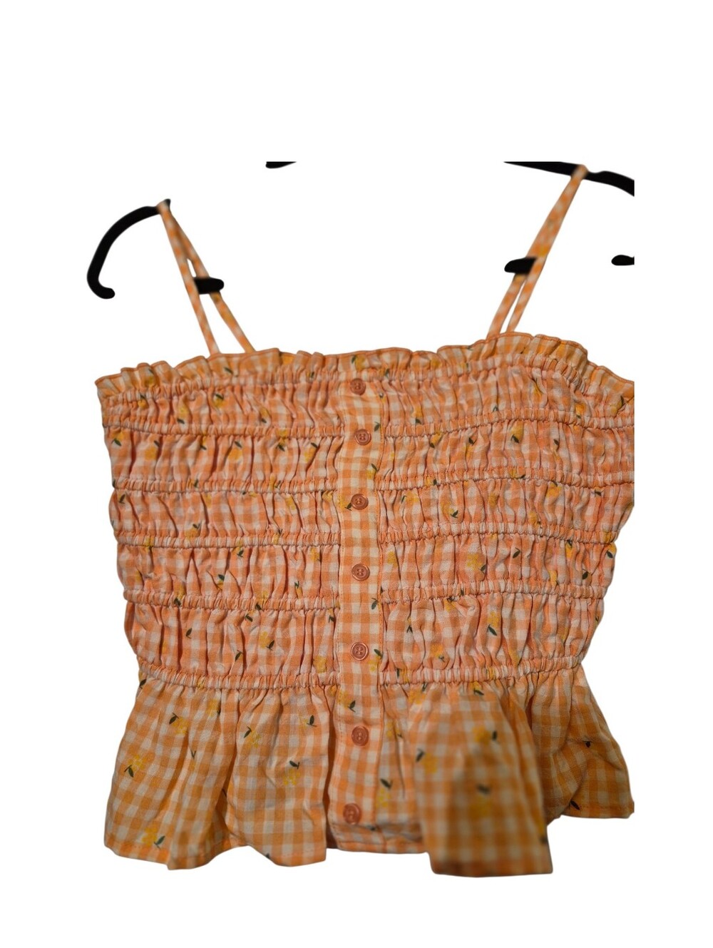 Greylin NWT Orange Gingham Tiny Floral Prints Ruched Tank Top Small